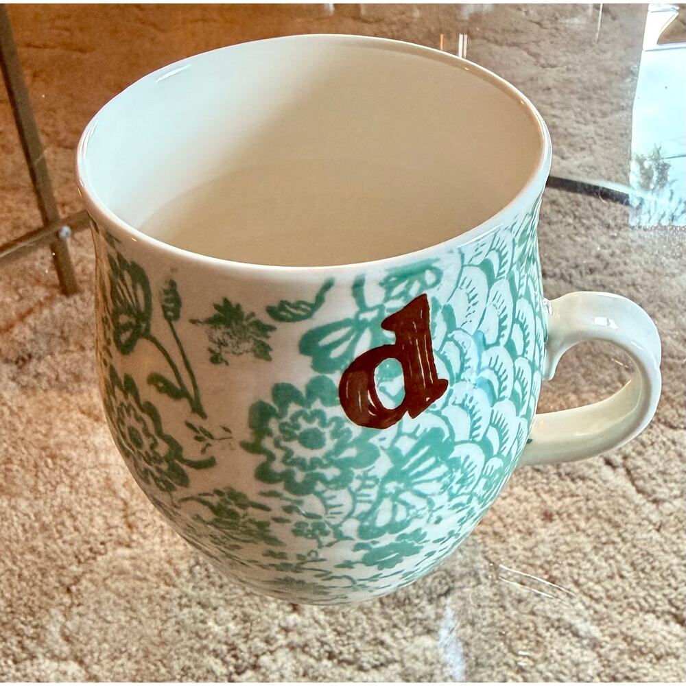 Anthropologie Homegrown Green Floral Initial "d"  Coffee Mug Tea Cup